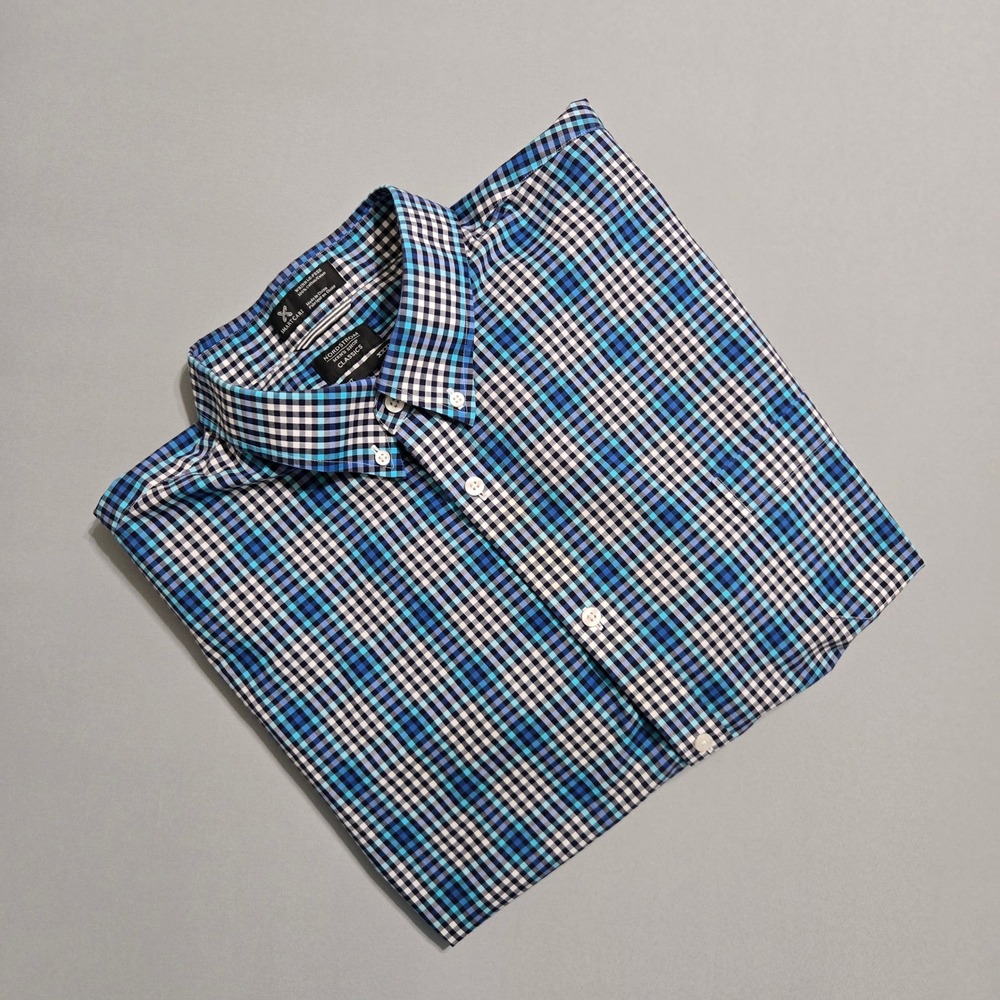 Nordstrom Button Down Mens XXXL‎ Blue Gingham Smartcare Short Sleeve Cotton